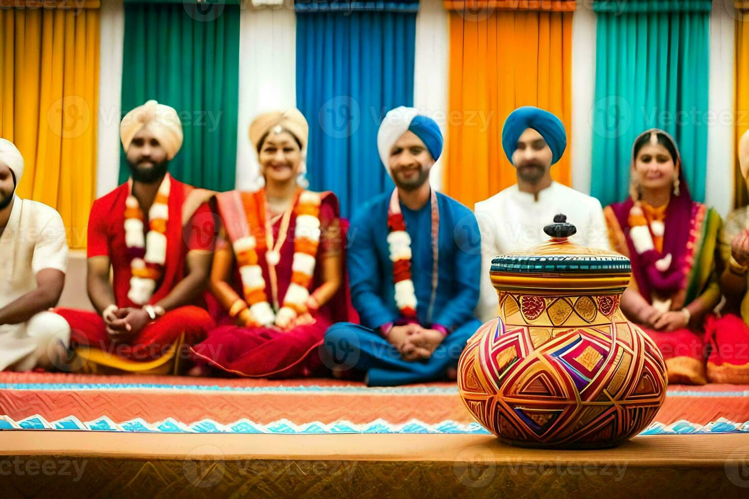un grupo de indio hombres y mujer en vistoso turbantes. generado por ai foto