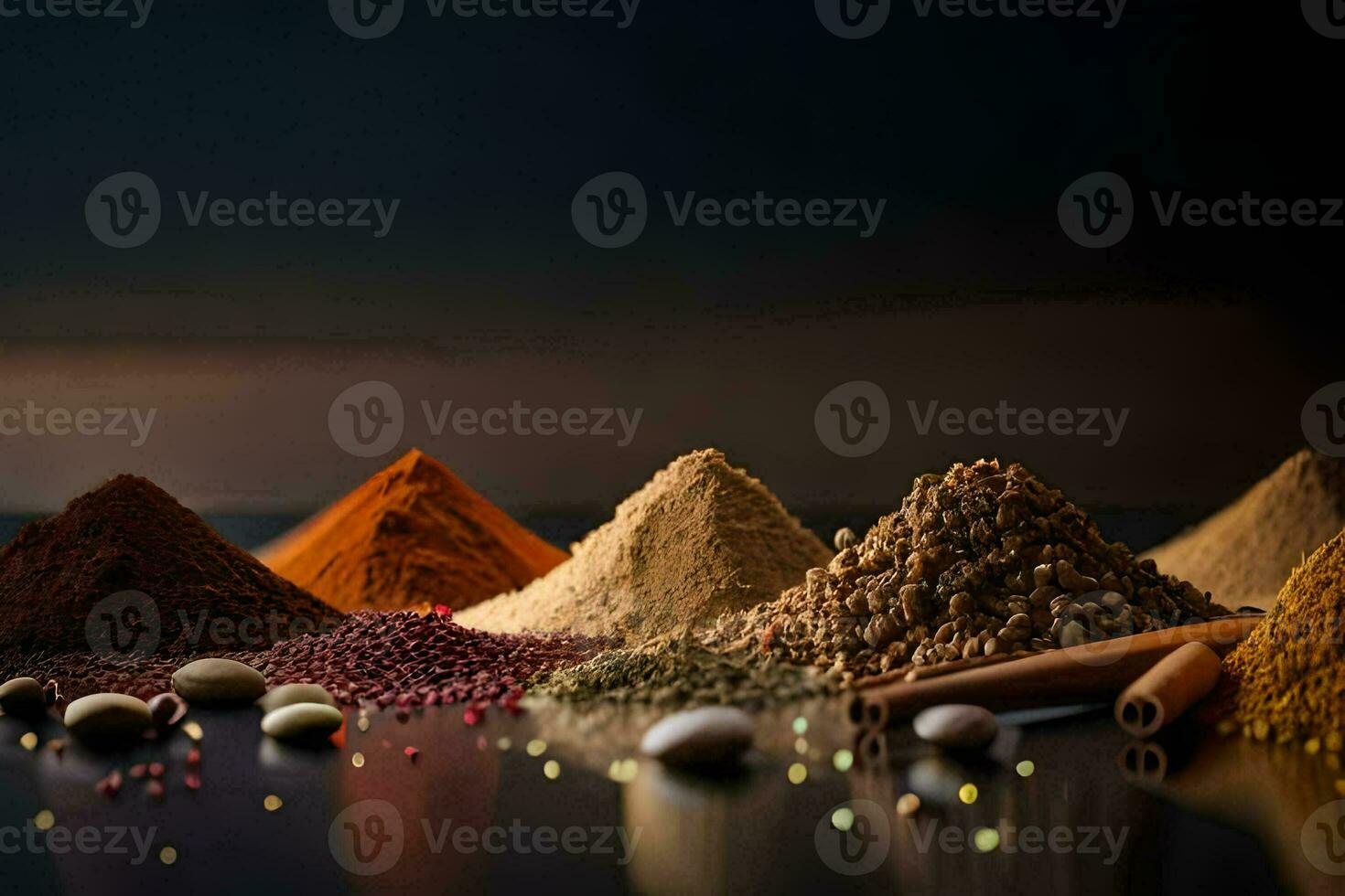 various spices and spices on a black background. AI-Generated photo