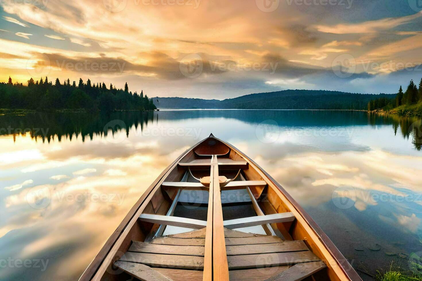 a canoe is floating on the calm waters of a lake. AI-Generated photo