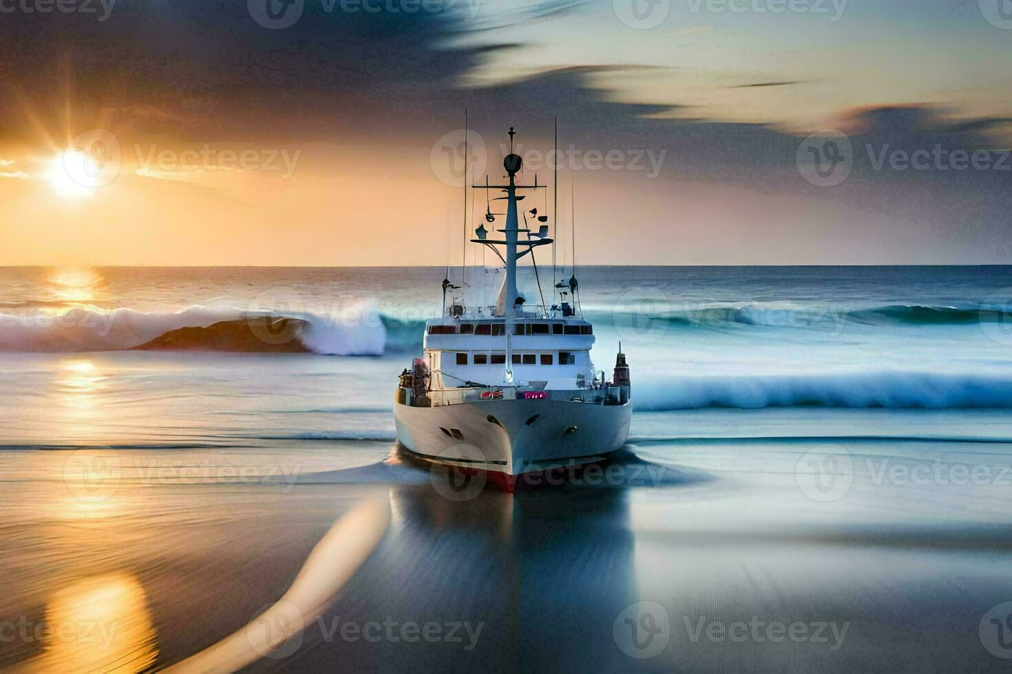 un barco en el Oceano a puesta de sol. generado por ai foto