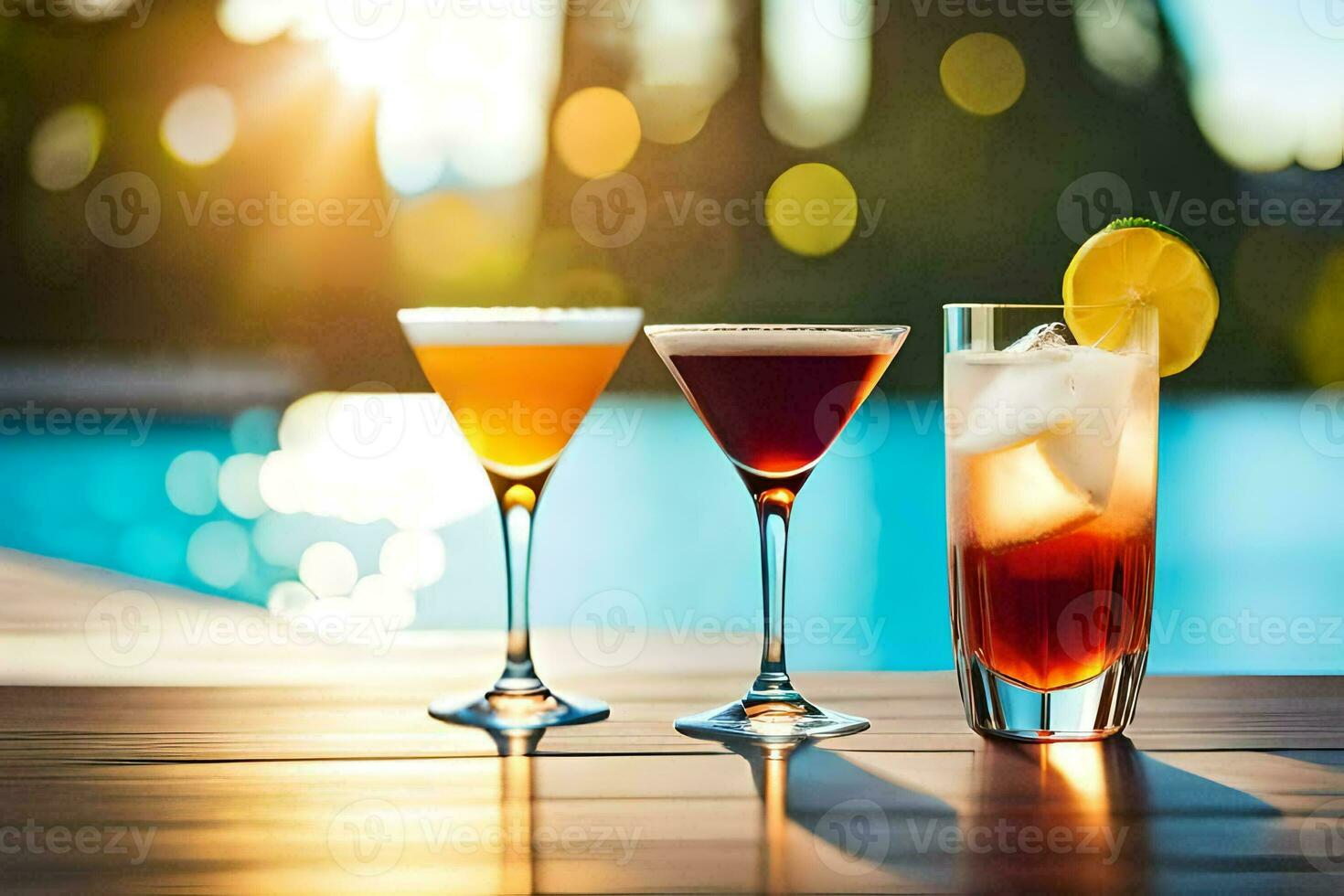 three different types of cocktails on a table near a pool. AI-Generated photo