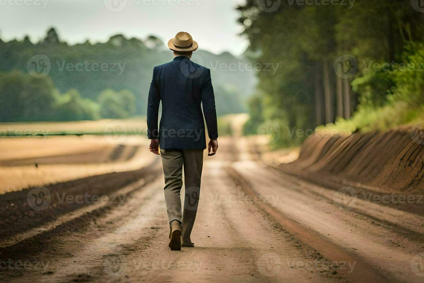 un hombre en un traje y sombrero camina abajo un suciedad la carretera. generado por ai foto