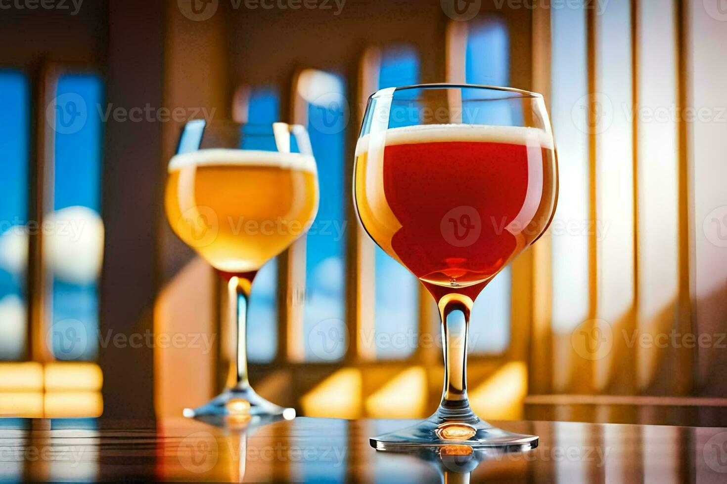 two glasses of beer on a table with a window. AI-Generated photo