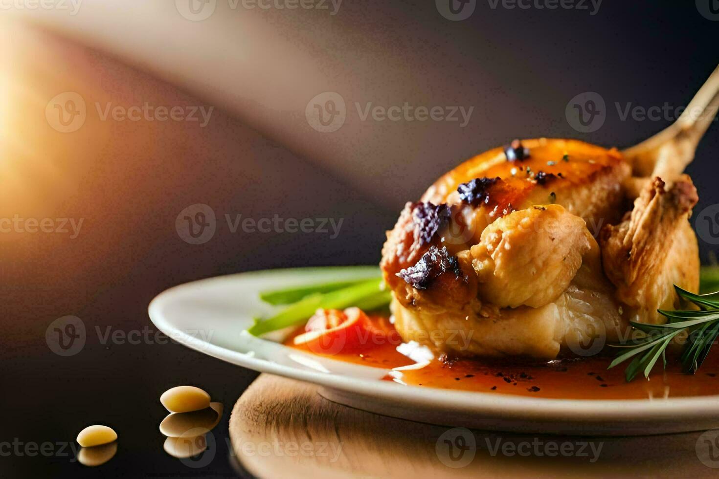 a chicken on a plate with a spoon. AI-Generated photo