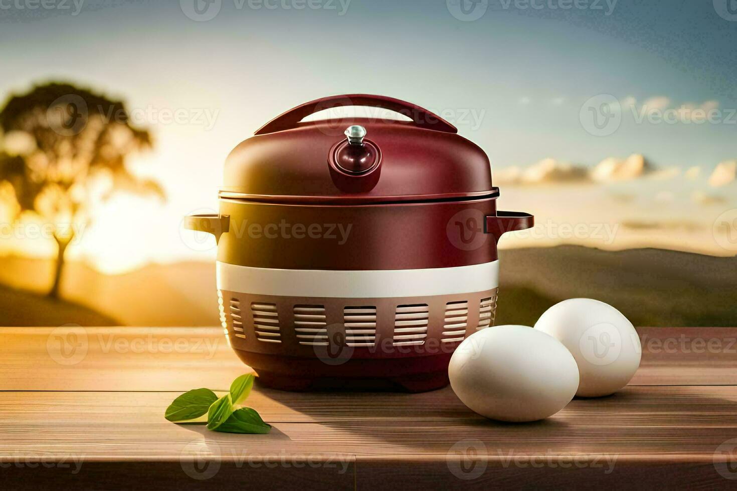 an electric pressure cooker with eggs and a green leaf. AI-Generated photo