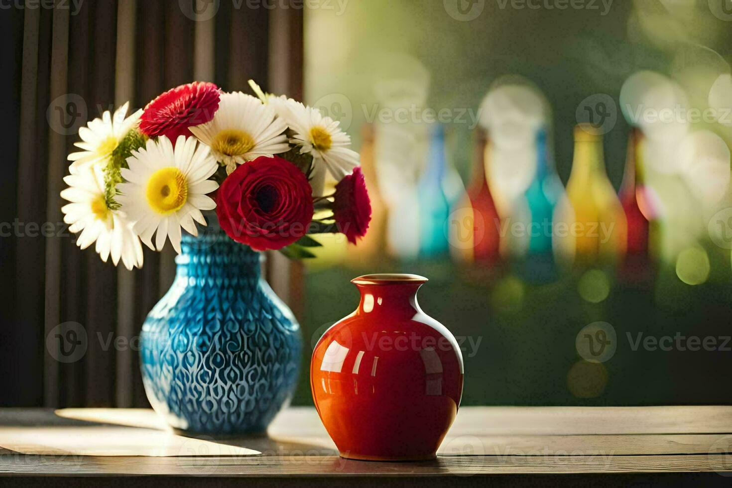 a vase with flowers sitting on a table. AI-Generated photo