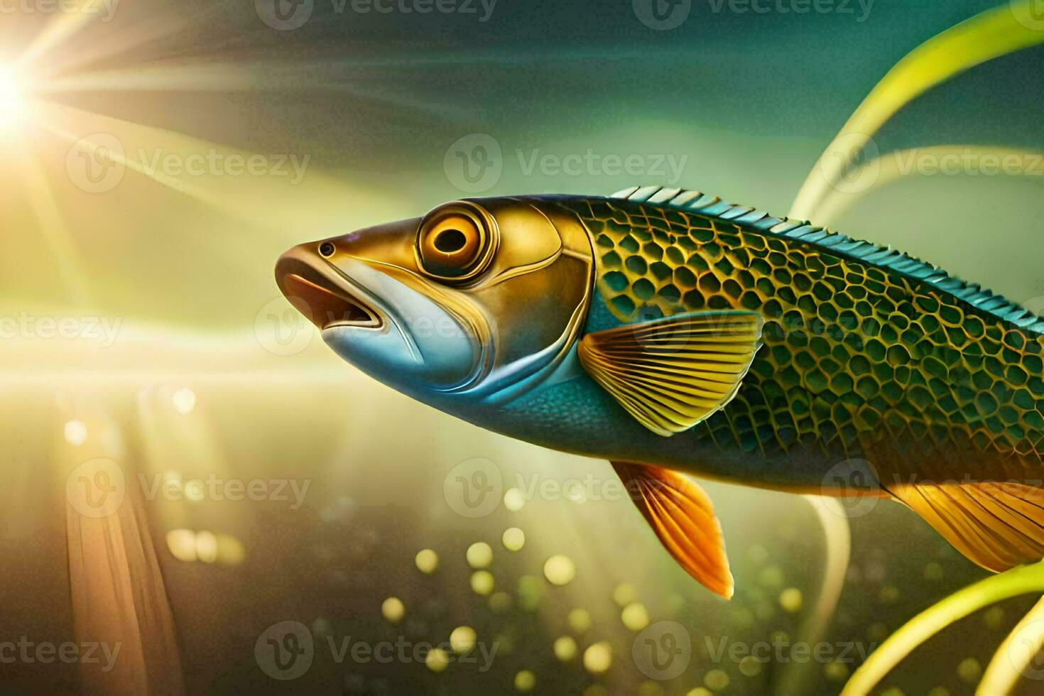 fish in the water with grass and sun. AI-Generated photo