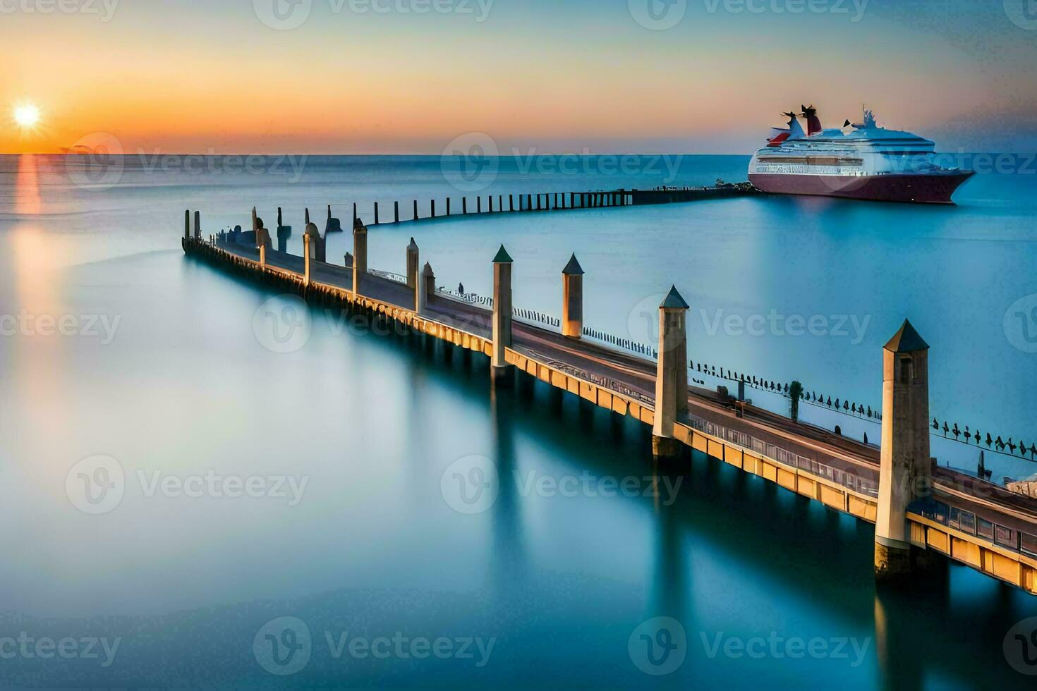 a cruise ship docked at the pier at sunset. AI-Generated photo