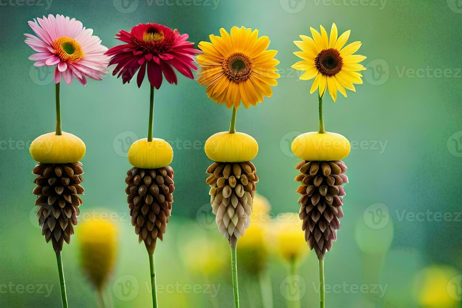 four colorful flowers are standing on top of each other. AI-Generated photo