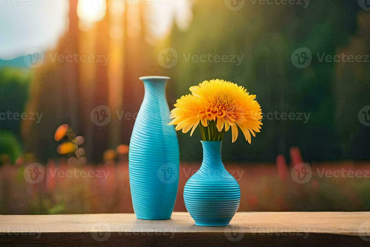two blue vases with yellow flowers on a wooden table. AI-Generated photo
