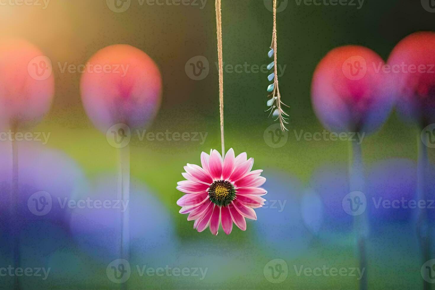 a pink flower hanging from a string in front of a field of purple flowers. AI-Generated photo