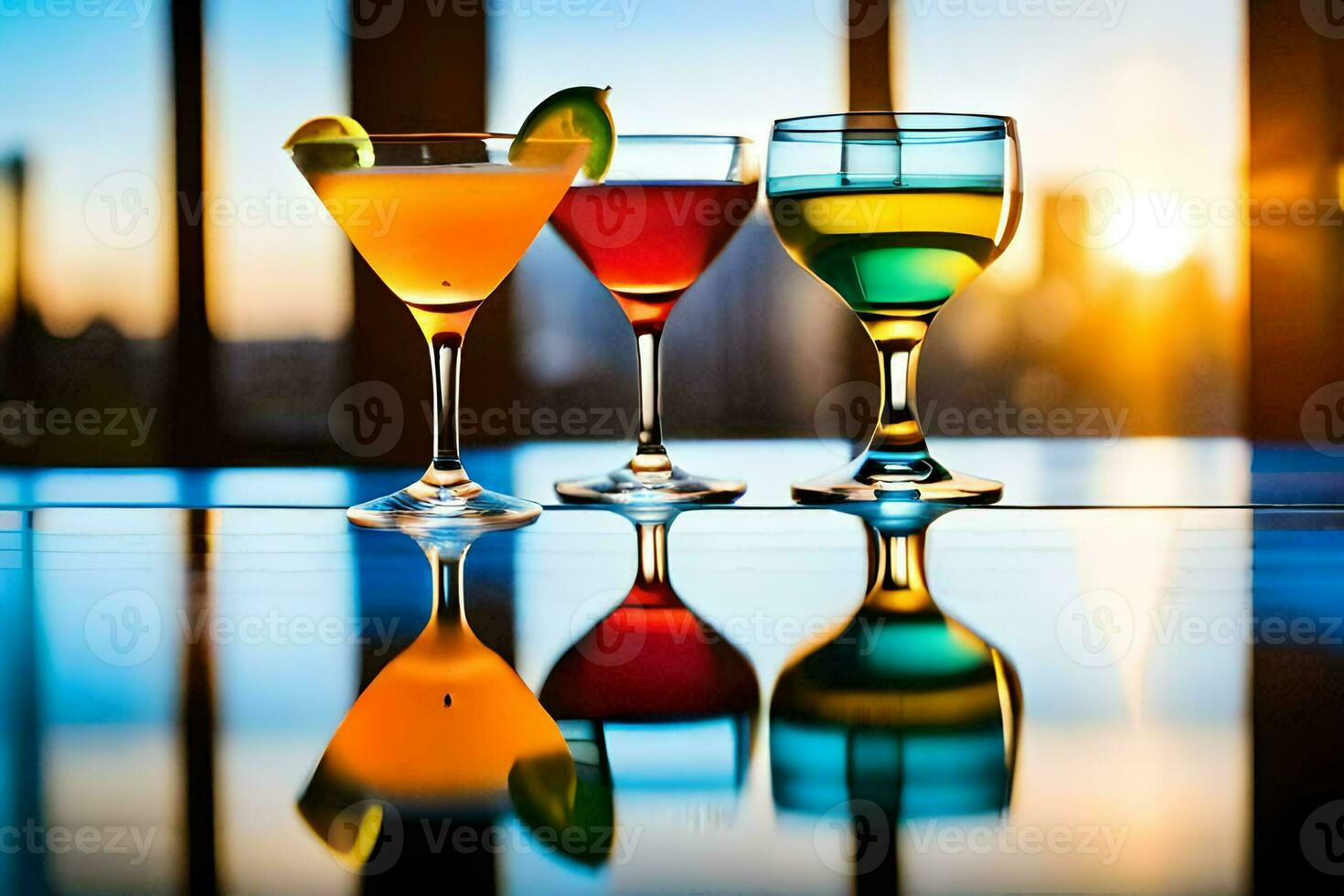 three glasses of different colored drinks on a table. AI-Generated photo