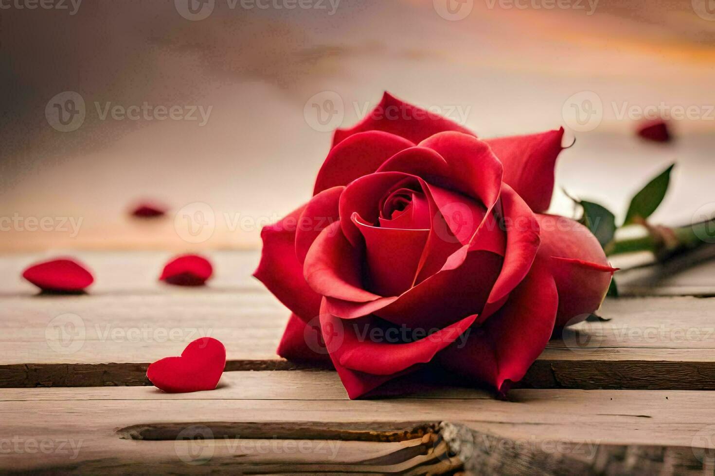 a red rose is laying on a wooden table with hearts. AI-Generated photo