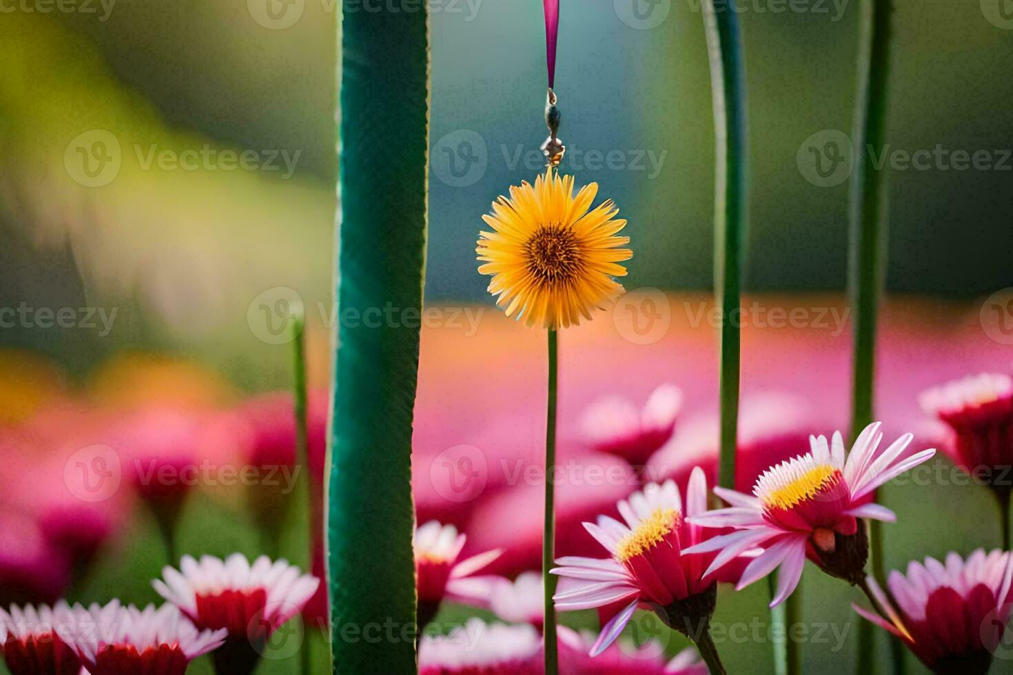 a yellow flower is standing in front of a field of pink flowers. AI-Generated photo