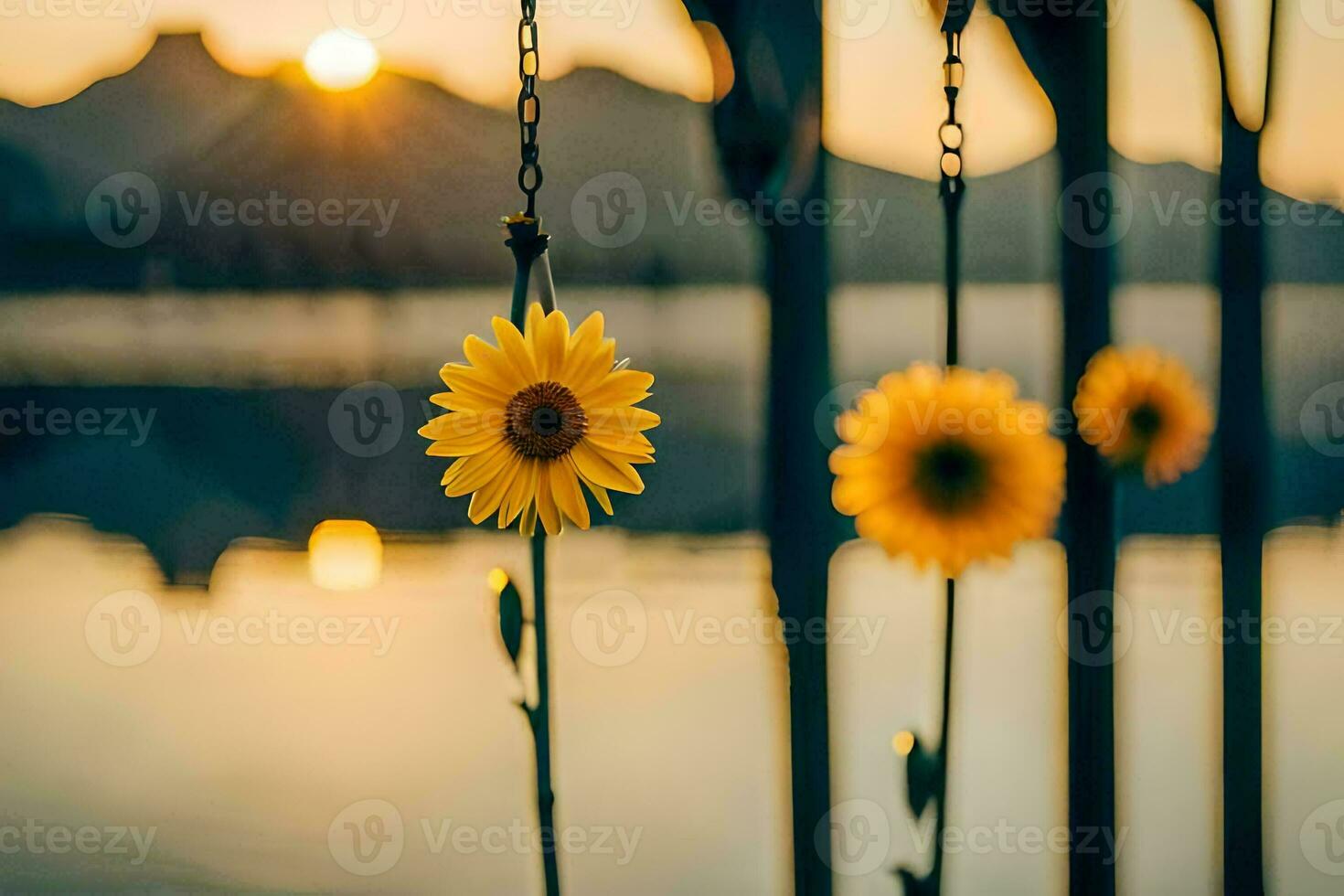 sunflowers hanging from a fence by the water. AI-Generated photo