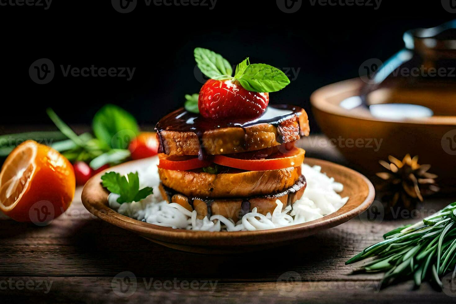 a plate of food with strawberries, tomatoes and a glass of tea. AI-Generated photo