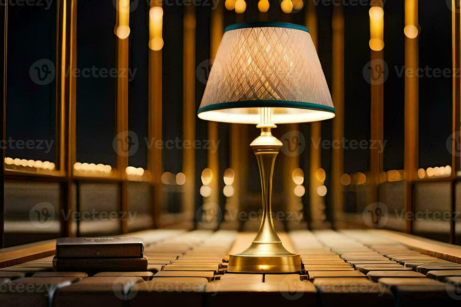 a gold lamp on a wooden table in front of a book. AI-Generated photo