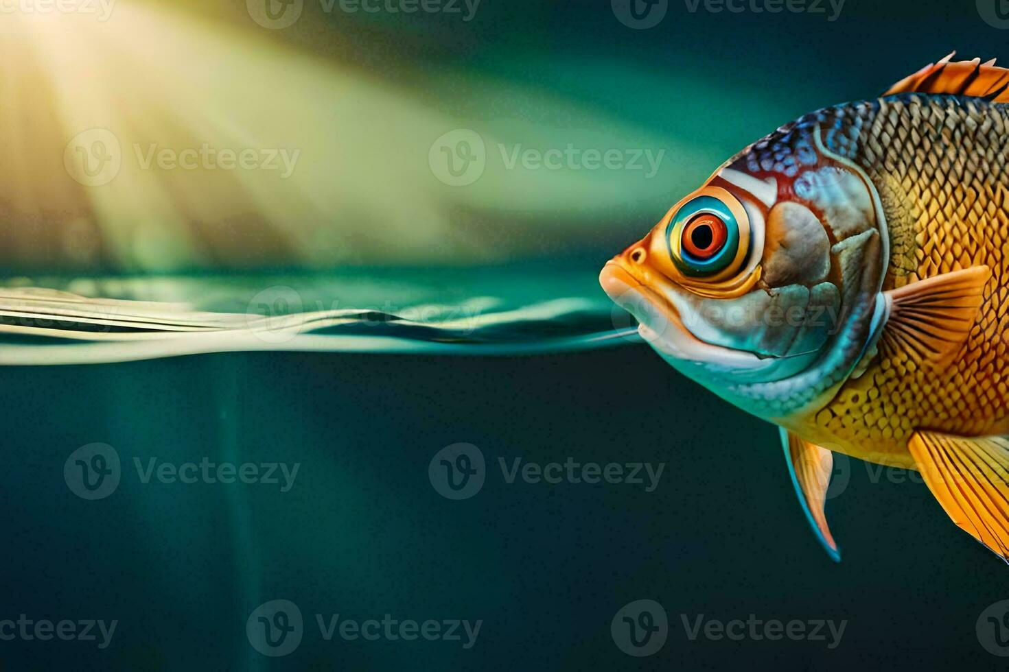 a fish swimming in the water with sunlight shining. AI-Generated photo