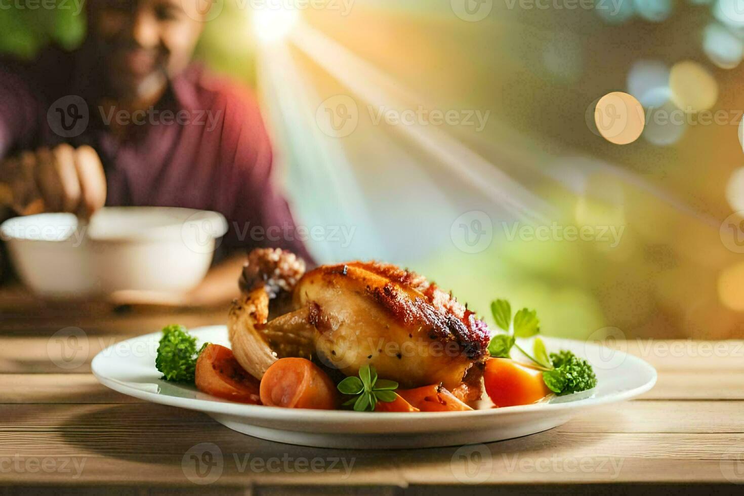 a man is eating a chicken dinner on a plate. AI-Generated photo