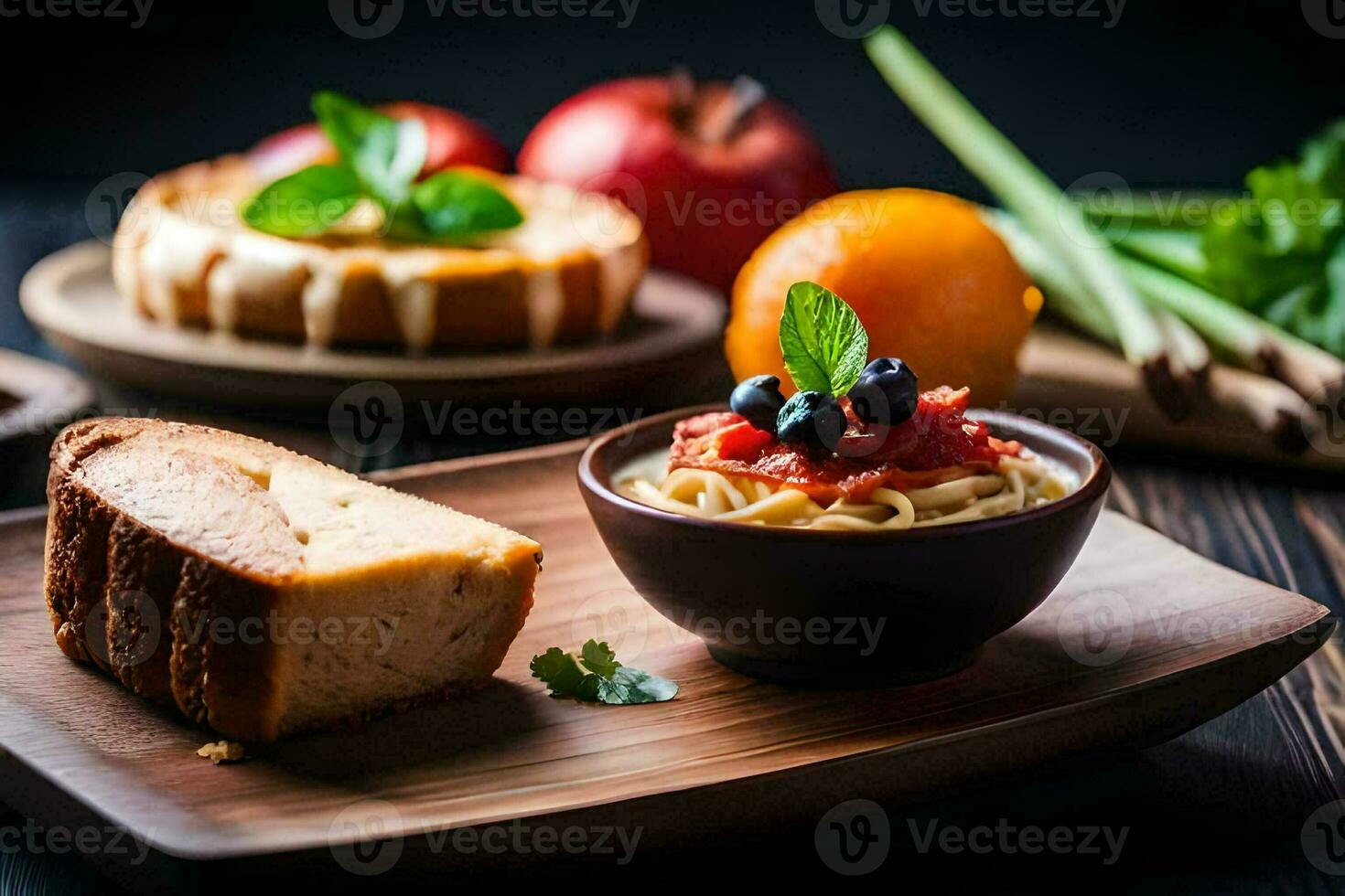 comida en un de madera mesa. generado por ai foto