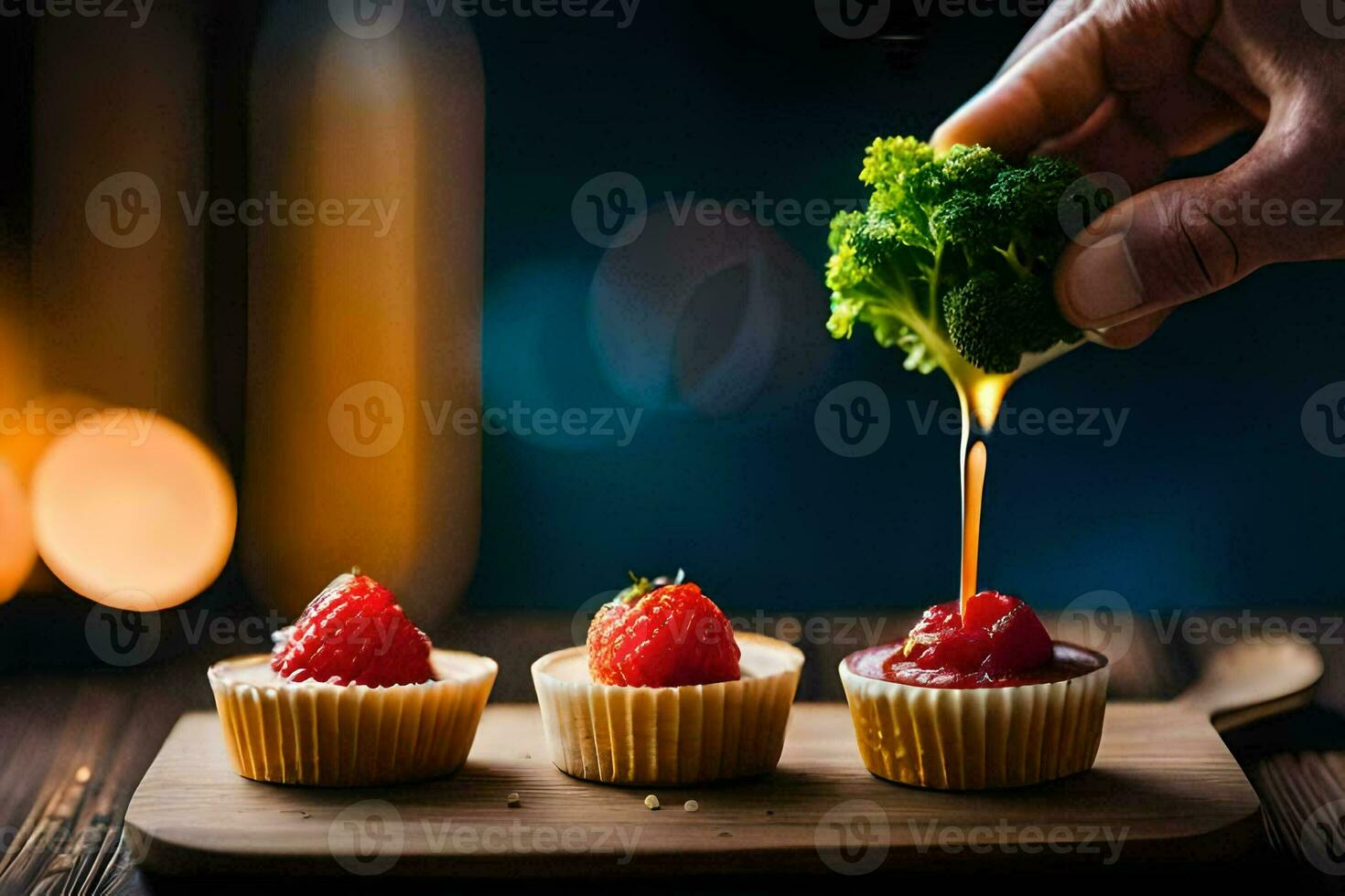 a person is pouring sauce over strawberries and broccoli. AI-Generated photo