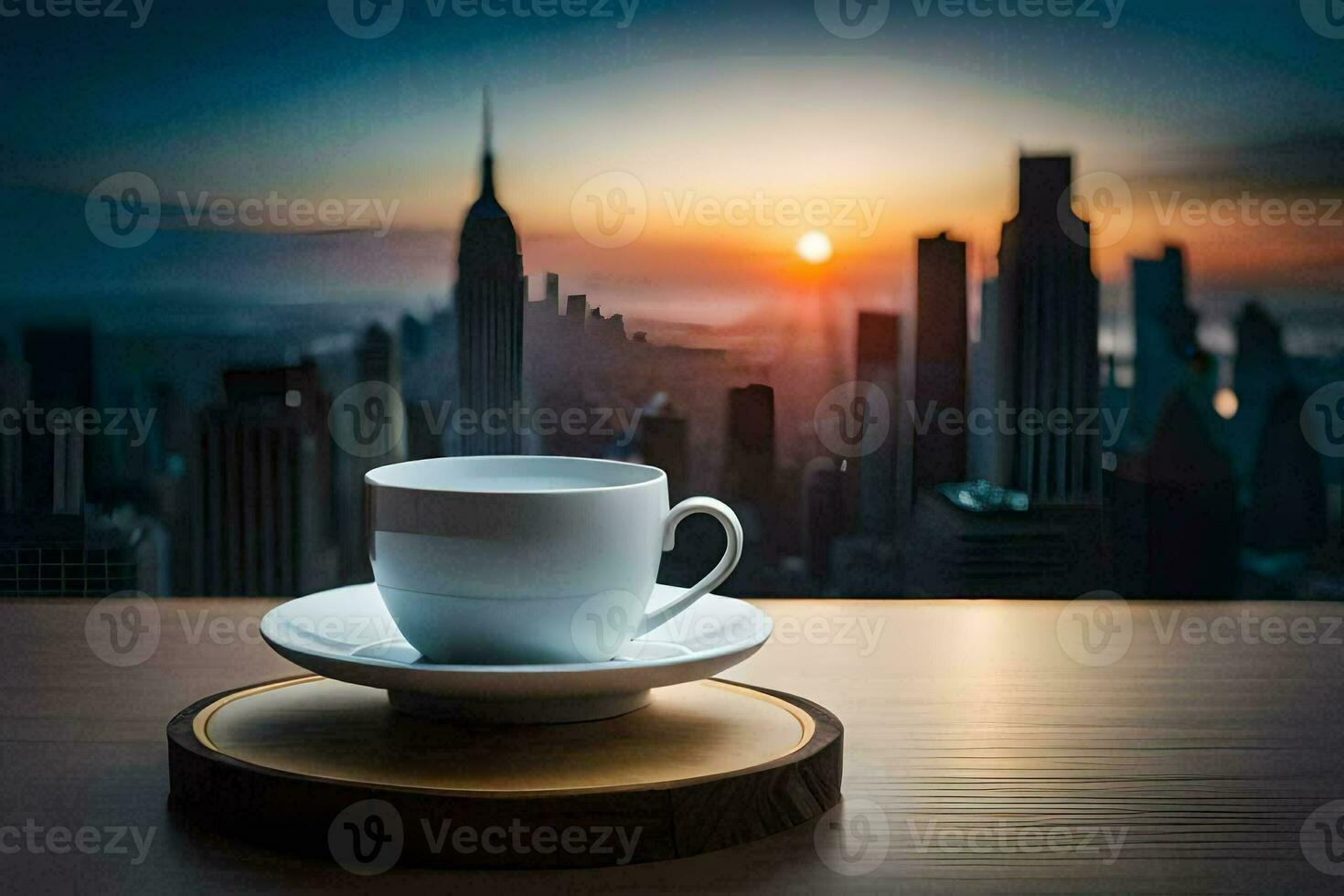 coffee cup on table with cityscape in background. AI-Generated photo