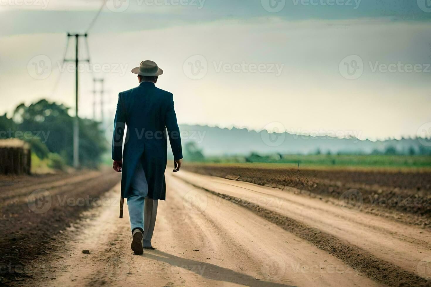 a man in a suit and hat walking down a dirt road. AI-Generated photo