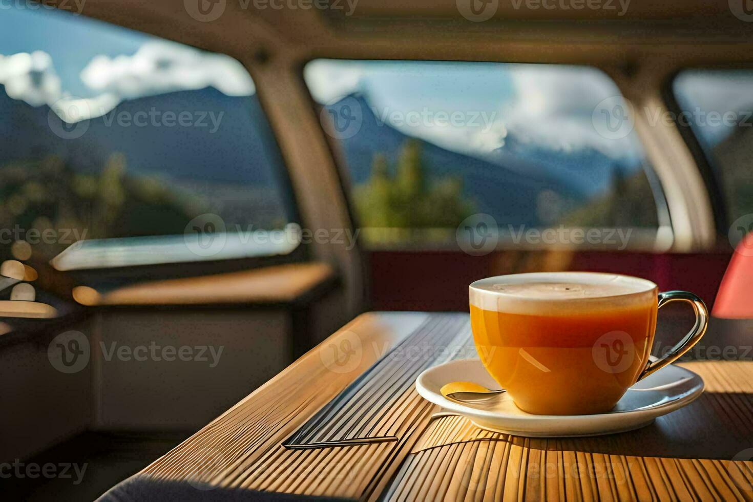 a cup of coffee sits on a table in front of a window. AI-Generated photo