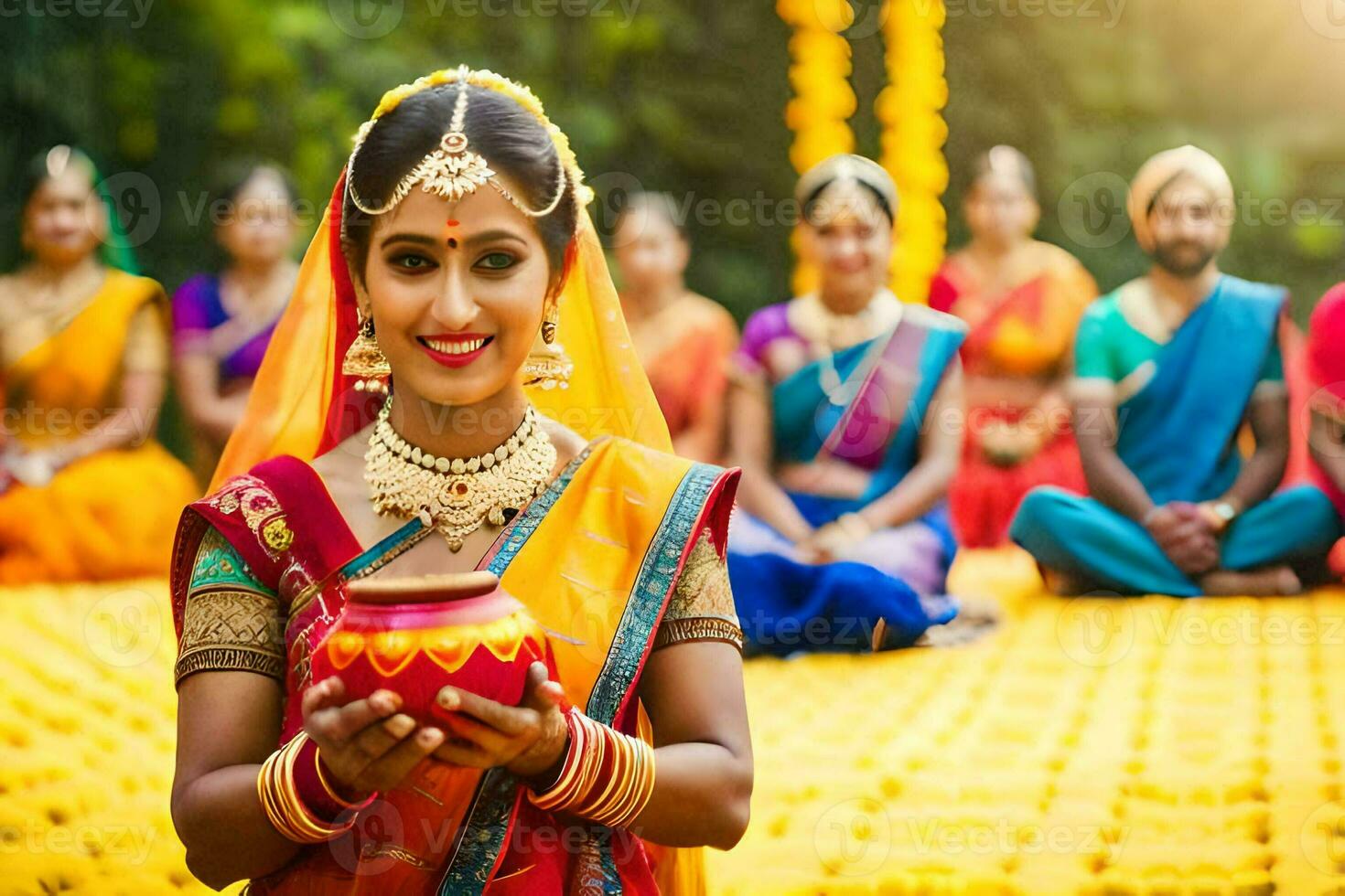 indio mujer en tradicional atuendo participación un maceta. generado por ai foto