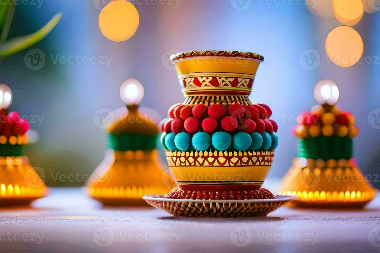 a colorful vase with candles on it. AI-Generated photo