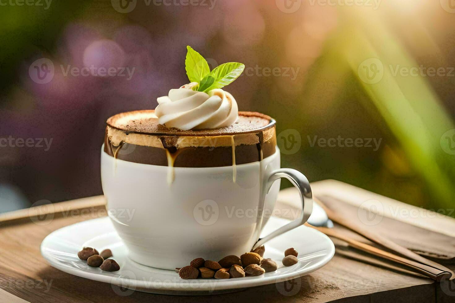 a cup of coffee with whipped cream and mint leaves on a wooden table. AI-Generated photo