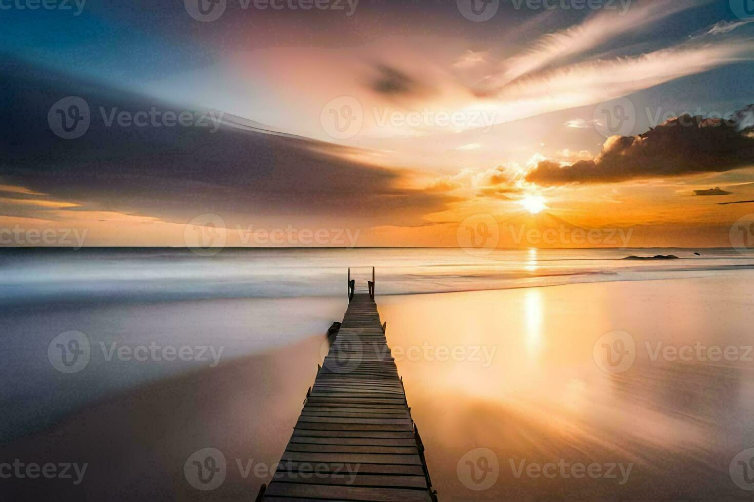 a wooden pier stretches out into the ocean at sunset. AI-Generated photo