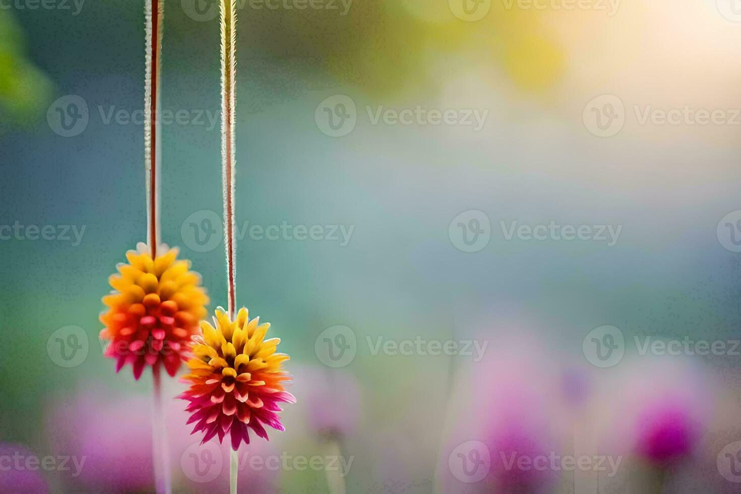 two colorful flowers hanging from strings in a field. AI-Generated photo