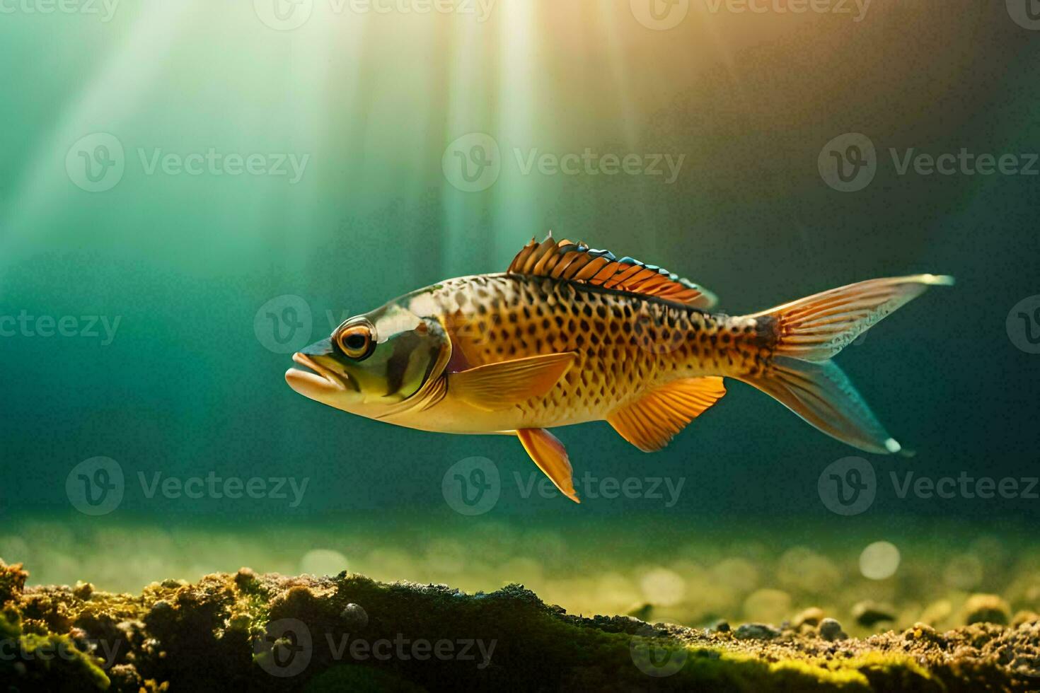 a fish swimming in the water with sunlight shining. AI-Generated photo