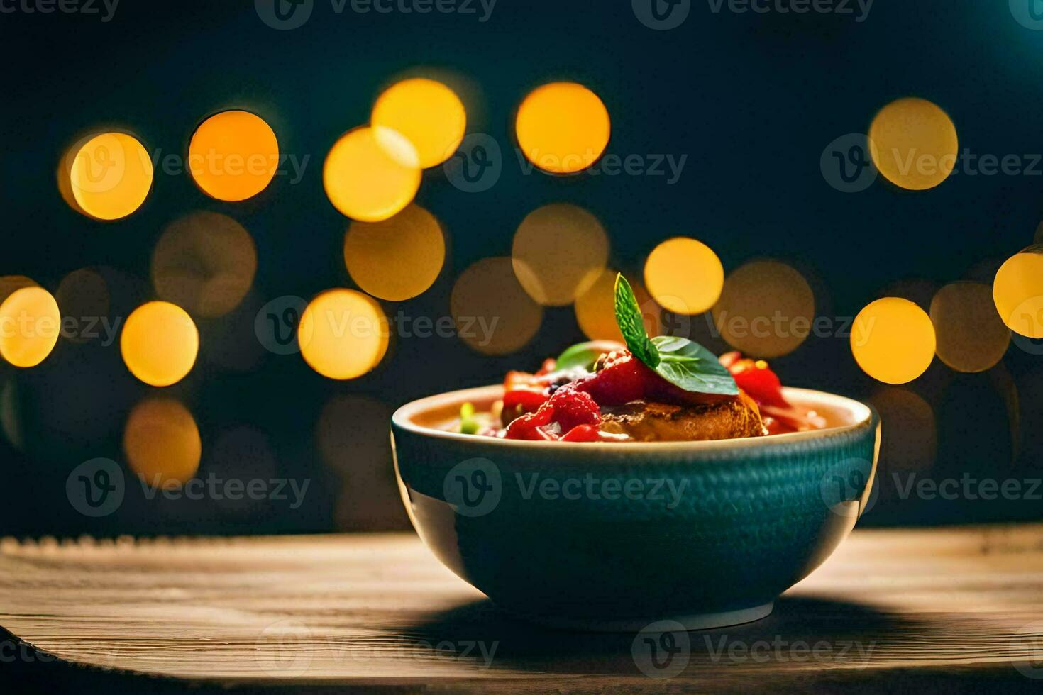 a bowl of food on a wooden table with bokeh lights in the background. AI-Generated photo
