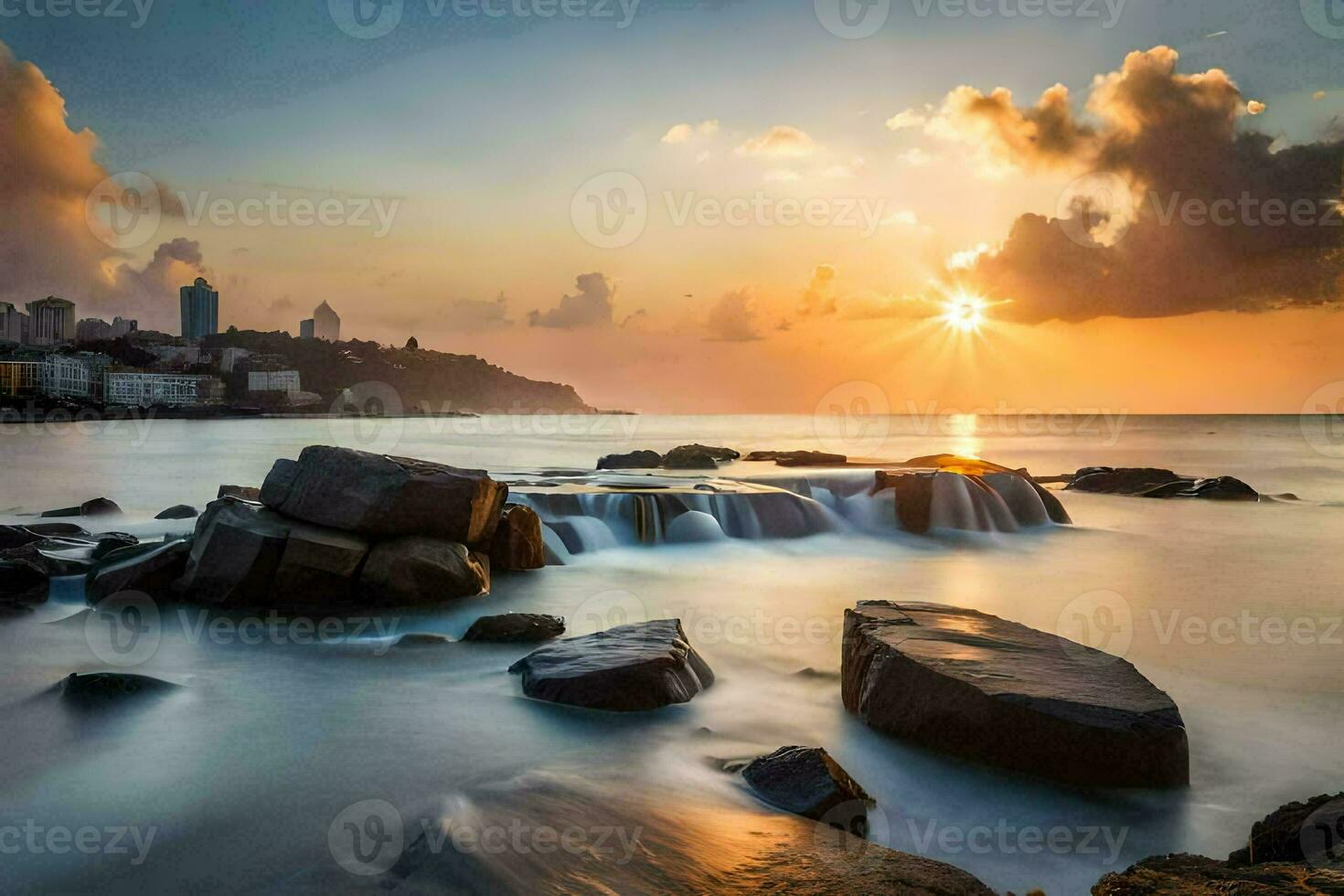 the sun rises over the ocean in the background. AI-Generated photo