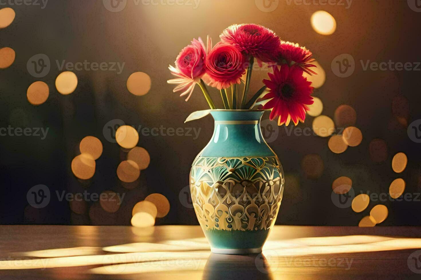 a vase with red flowers on a table in front of a bokeh. AI-Generated photo