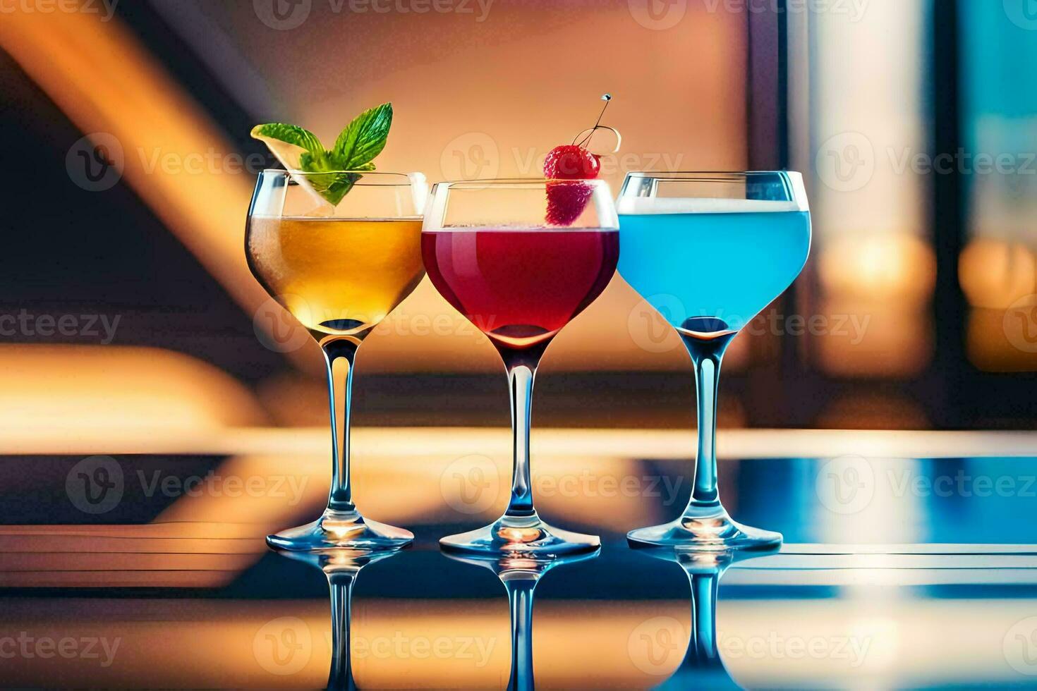 three glasses of different colored drinks on a table. AI-Generated photo