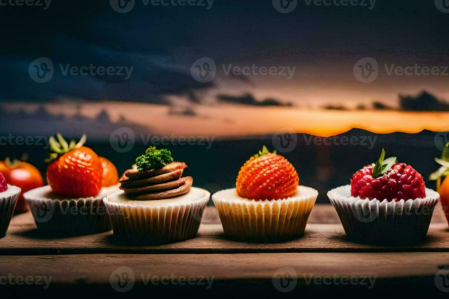 five cupcakes with strawberries and chocolate on a table. AI-Generated photo