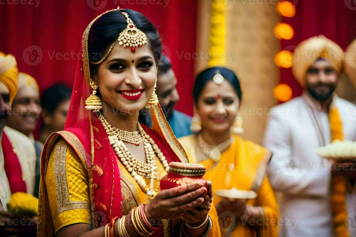 a bride in traditional indian attire holding a candle. AI-Generated photo