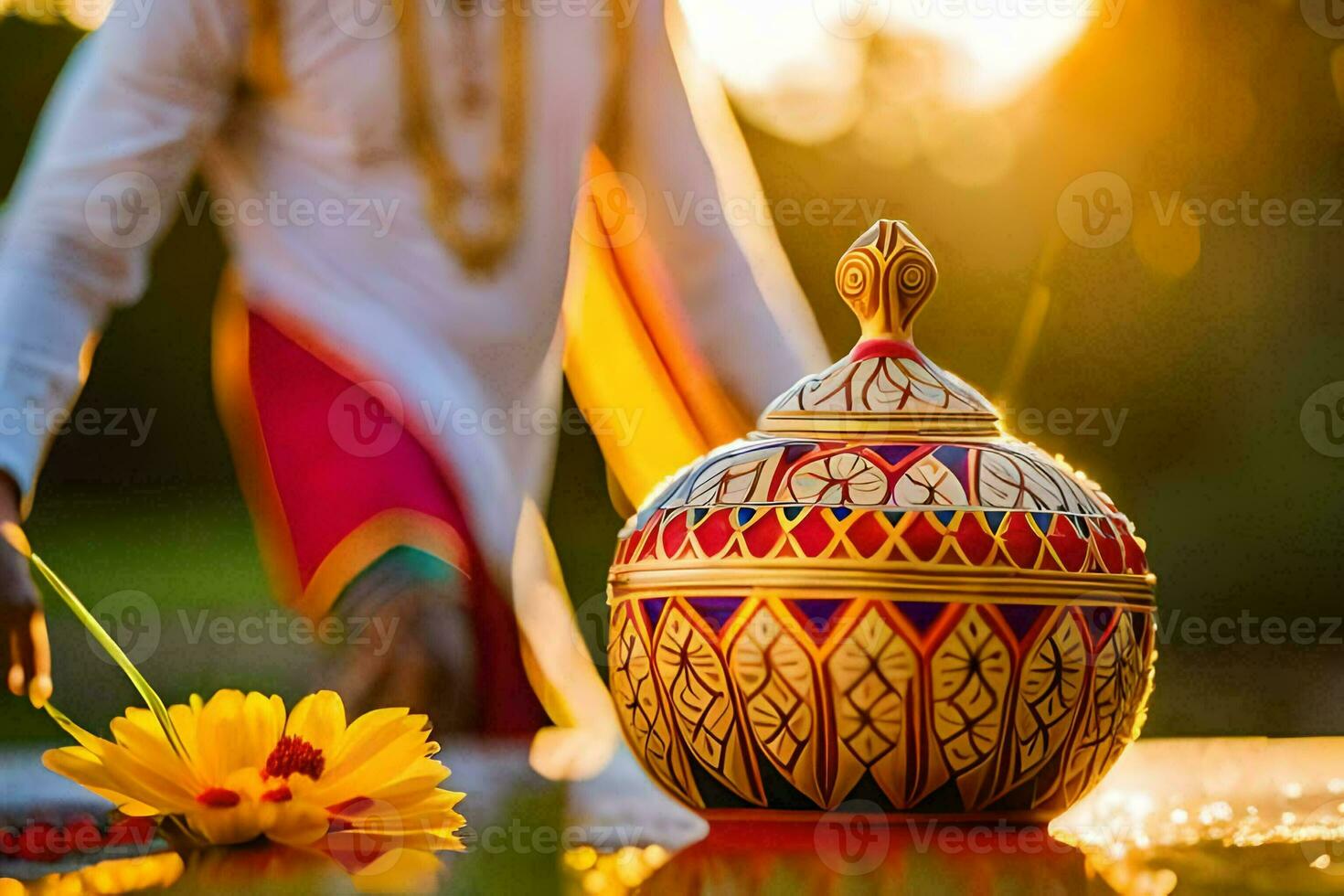 a man in traditional indian clothing is placing a pot on a table. AI-Generated photo