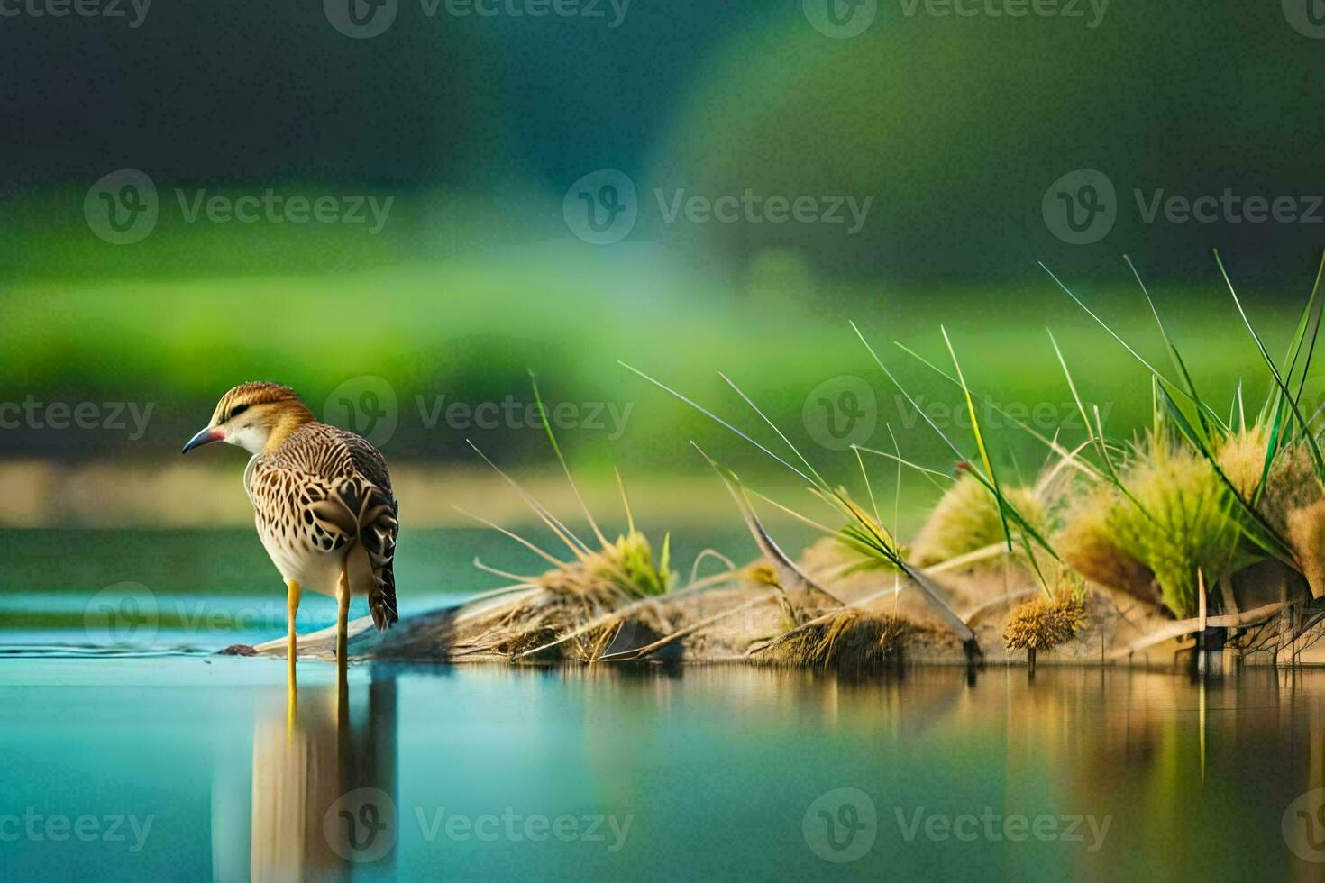 a bird standing on the edge of a lake. AI-Generated photo