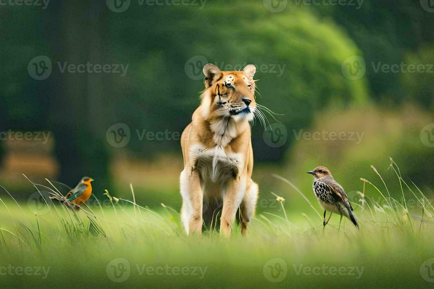 a tiger and a bird in the grass. AI-Generated photo