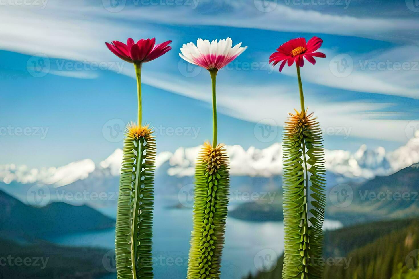 the flowers of the cactus, the mountains, the lake, the sky, the flowers,. AI-Generated photo