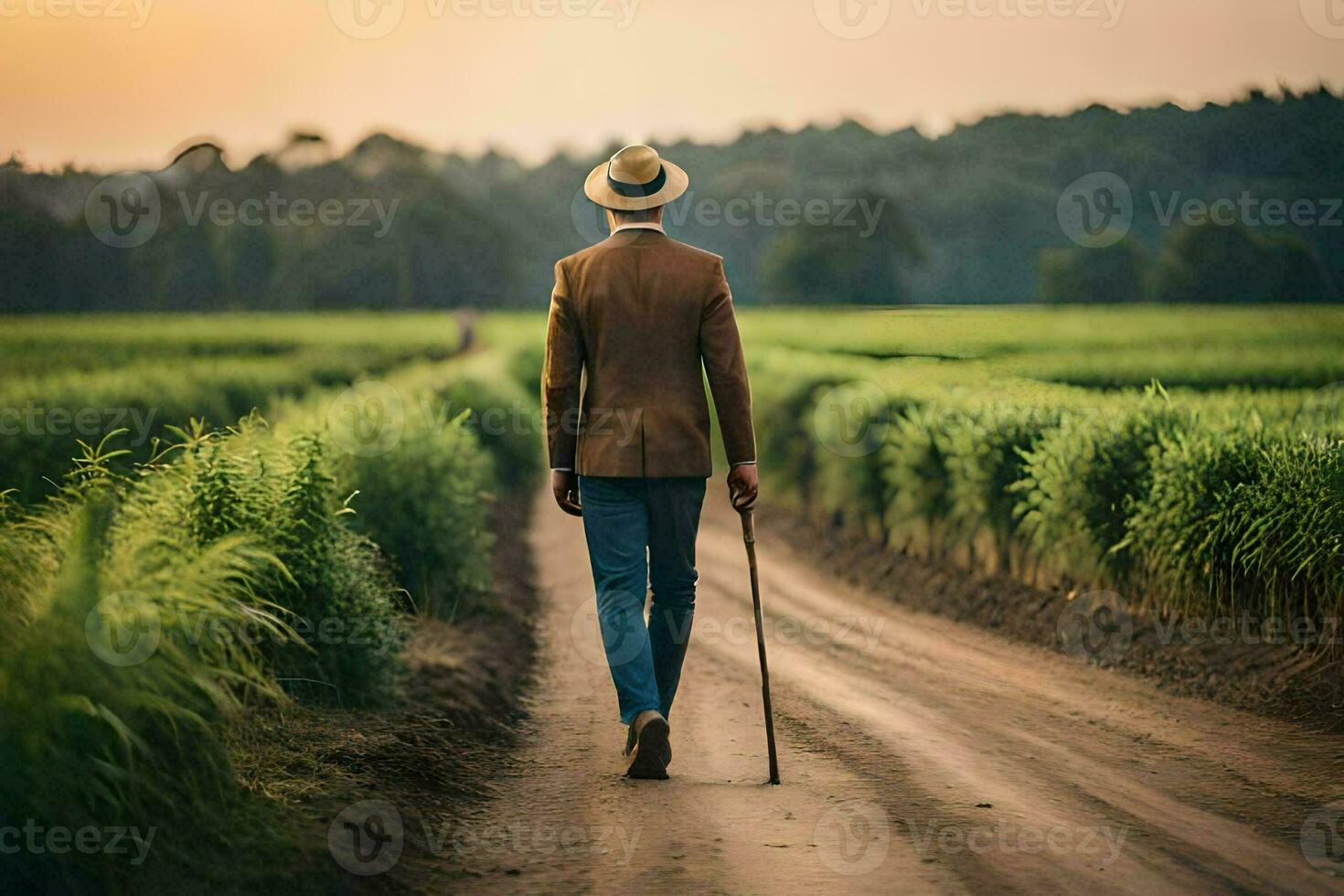 un hombre caminando abajo un suciedad la carretera con un caña. generado por ai foto