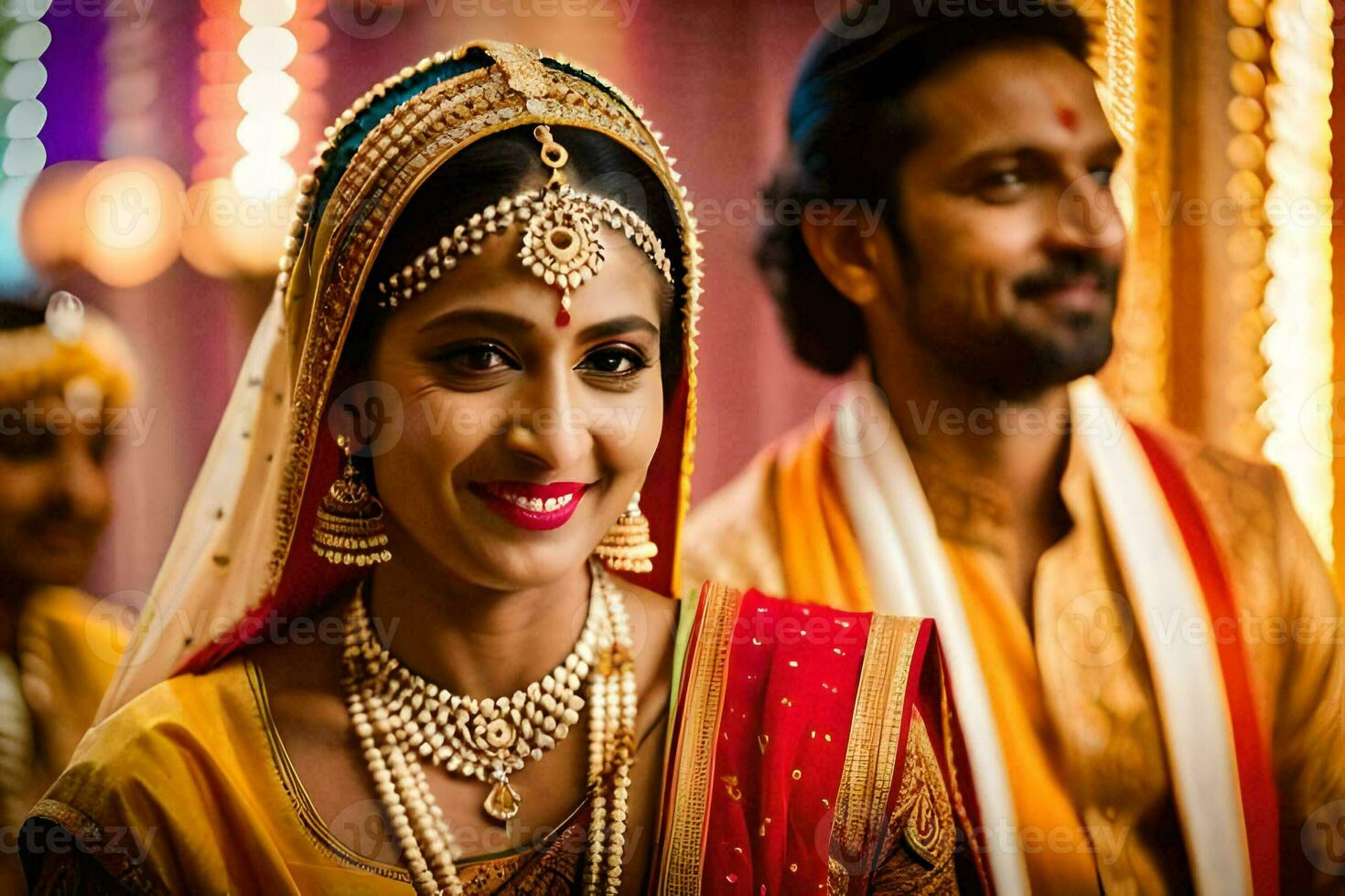 a bride and groom in traditional indian attire. AI-Generated photo