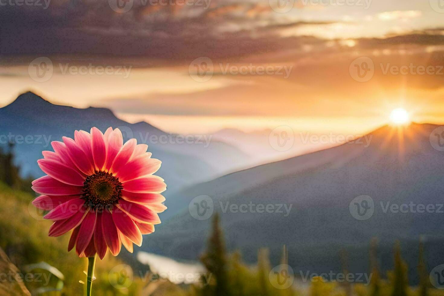 a pink flower stands in front of a mountain at sunset. AI-Generated photo