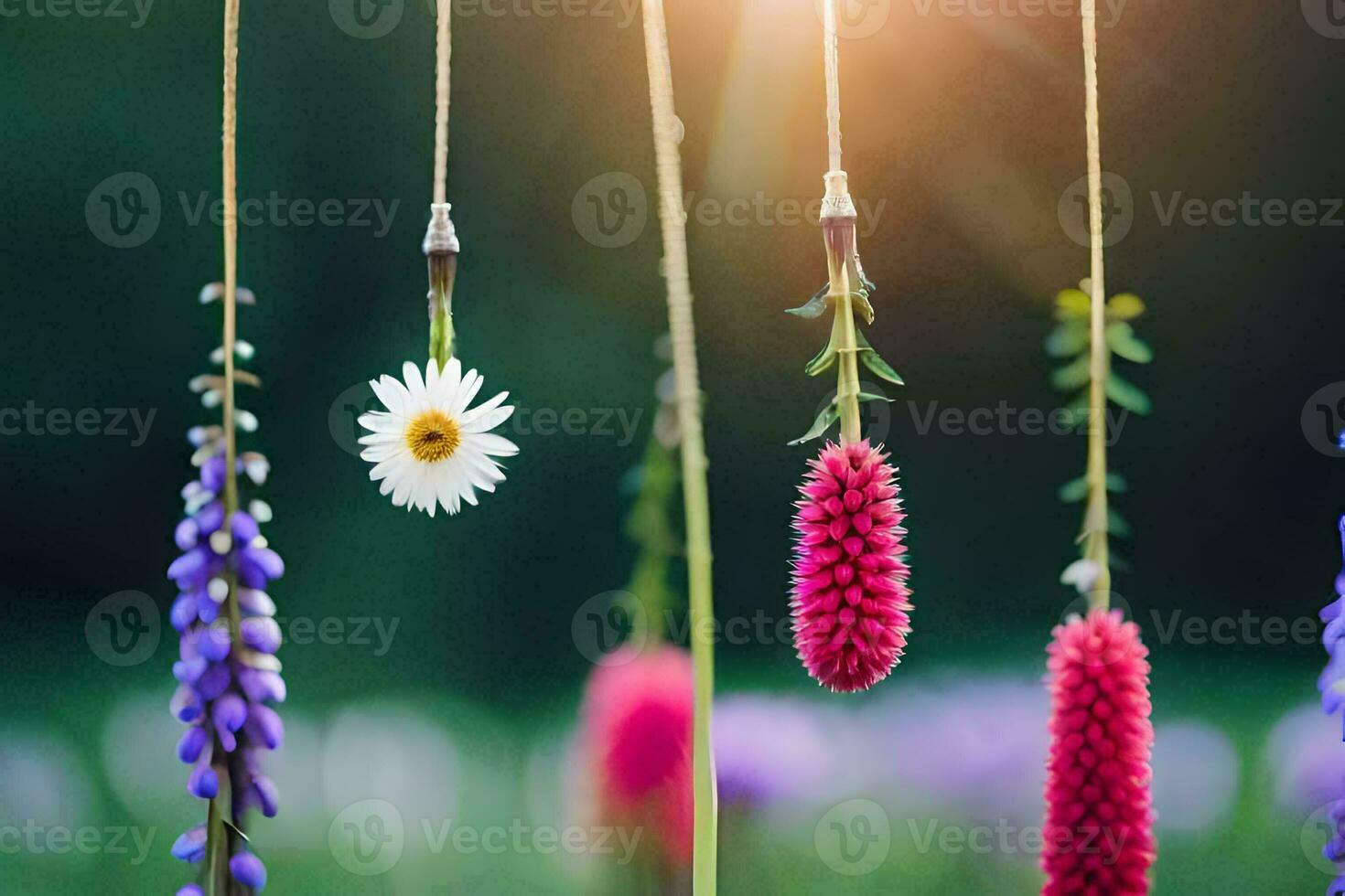 flowers hanging from strings in the sun. AI-Generated photo