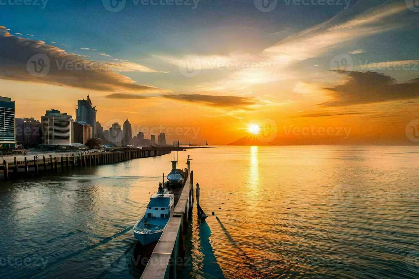 the sun sets over the city skyline in this photo. AI-Generated photo