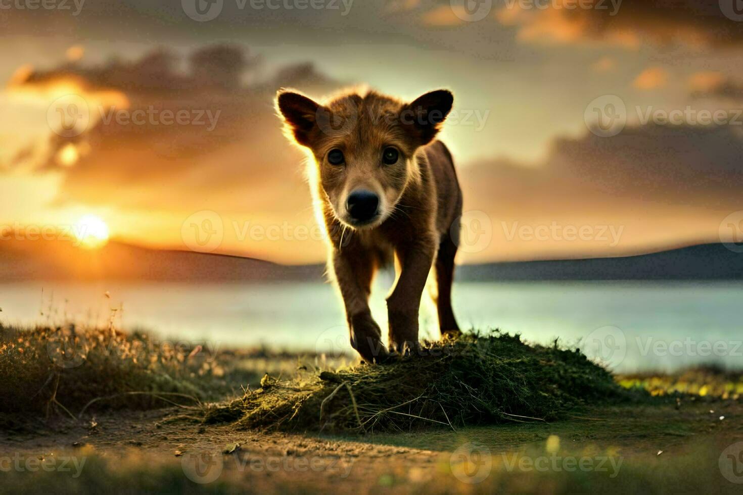 a dog is walking on the grass at sunset. AI-Generated photo